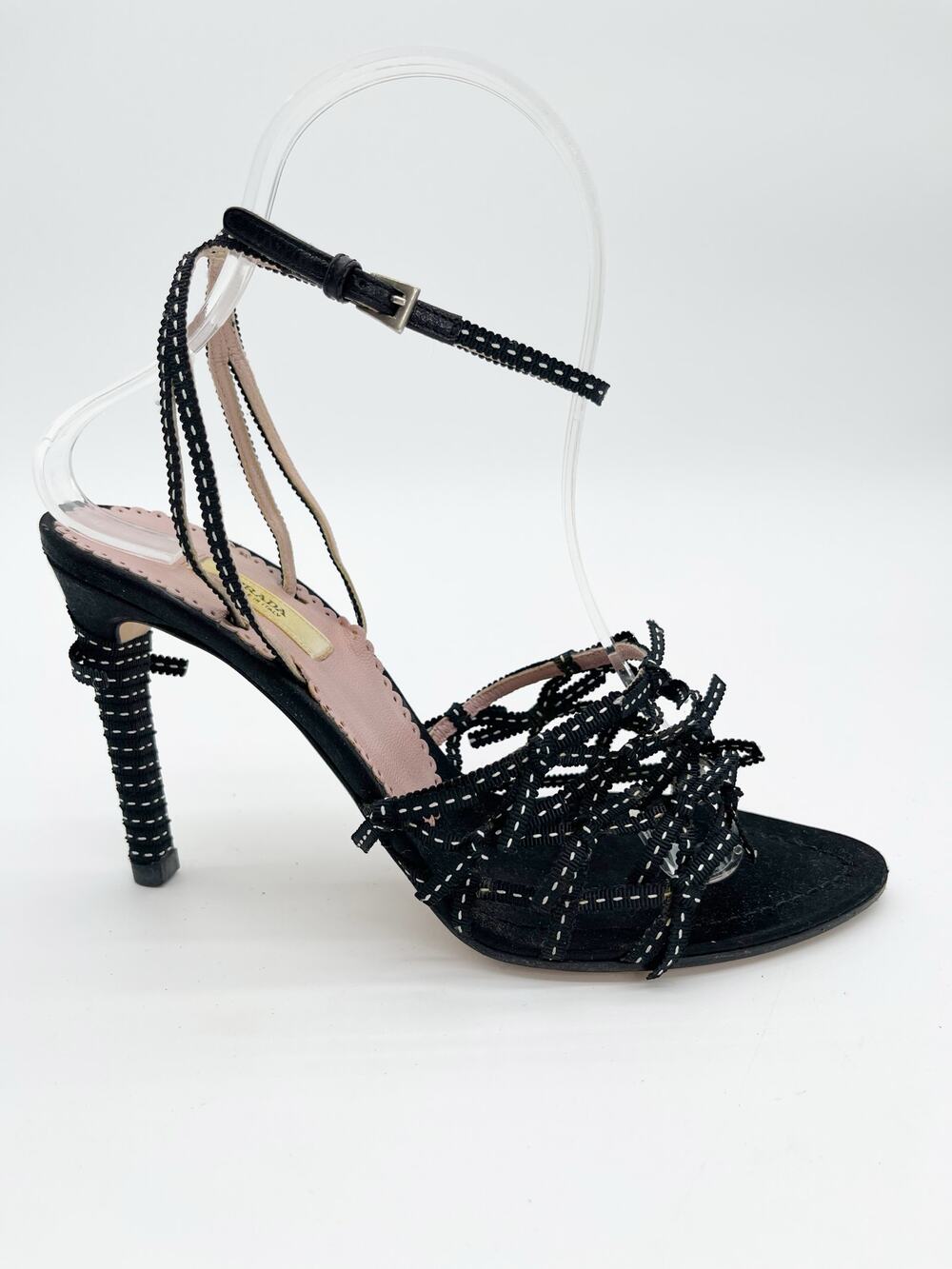 Prada Vintage Retro Black Satin Grosgrain Bow Ankle Strap Sandals Heels IT 36